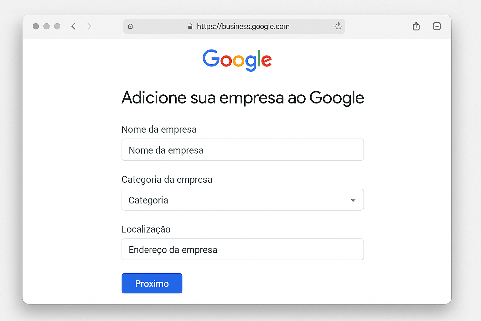 Interface do Google mostrando a opção de adicionar uma nova empresa ao Perfil da Empresa