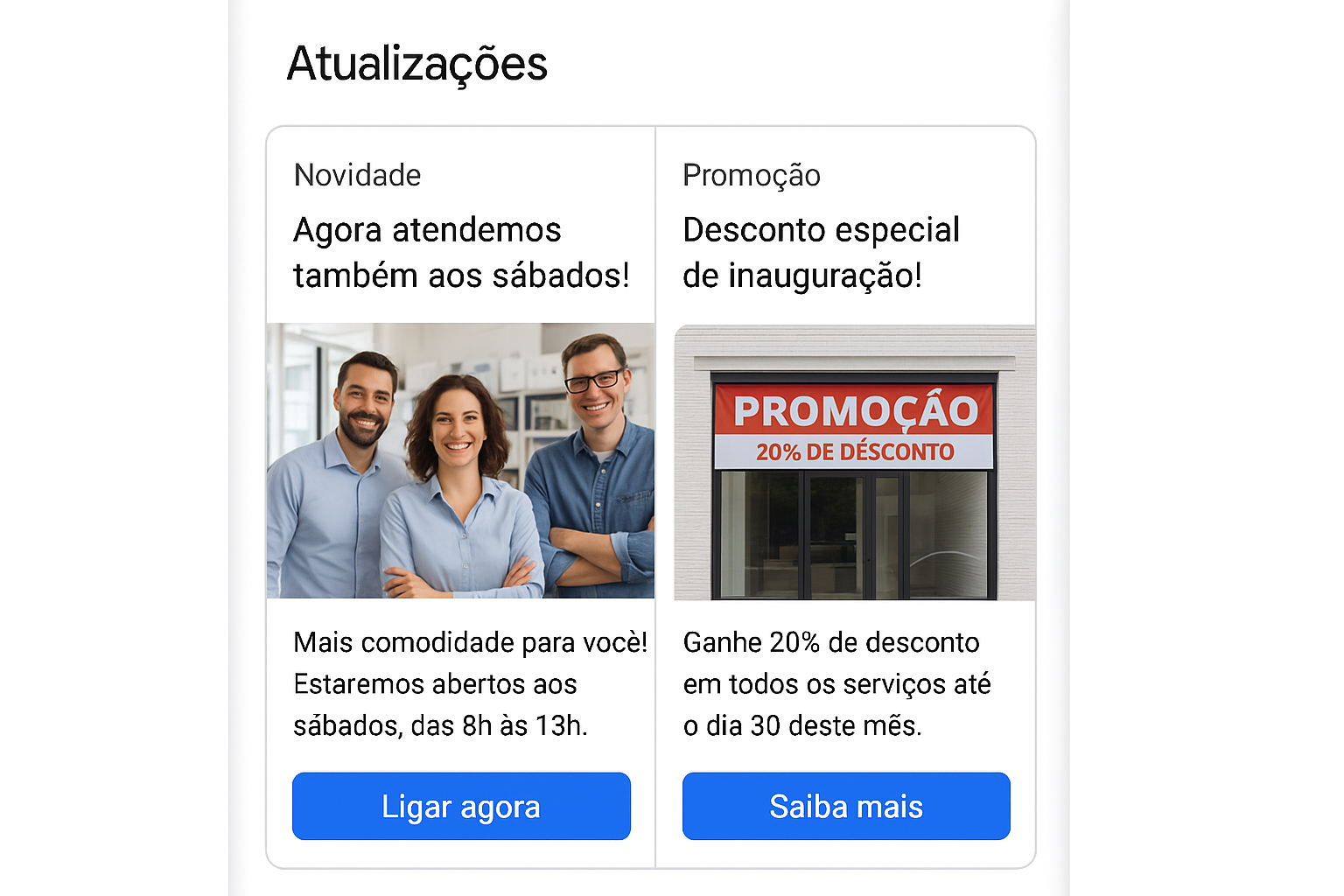 Sessão de atualizações no Google Perfil com postagens de oferta e novidade