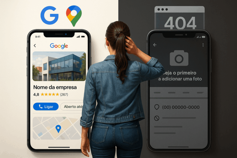 Empreendedor diante de dois caminhos: um perfil completo no Google e outro sem informações