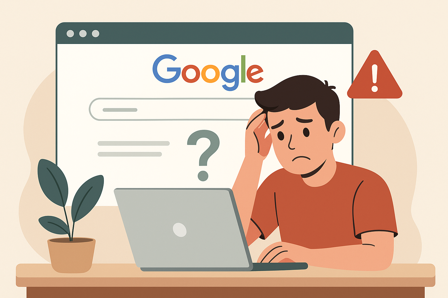 Ilustração de um homem confuso usando notebook, com erro ao tentar encontrar sua empresa no Google