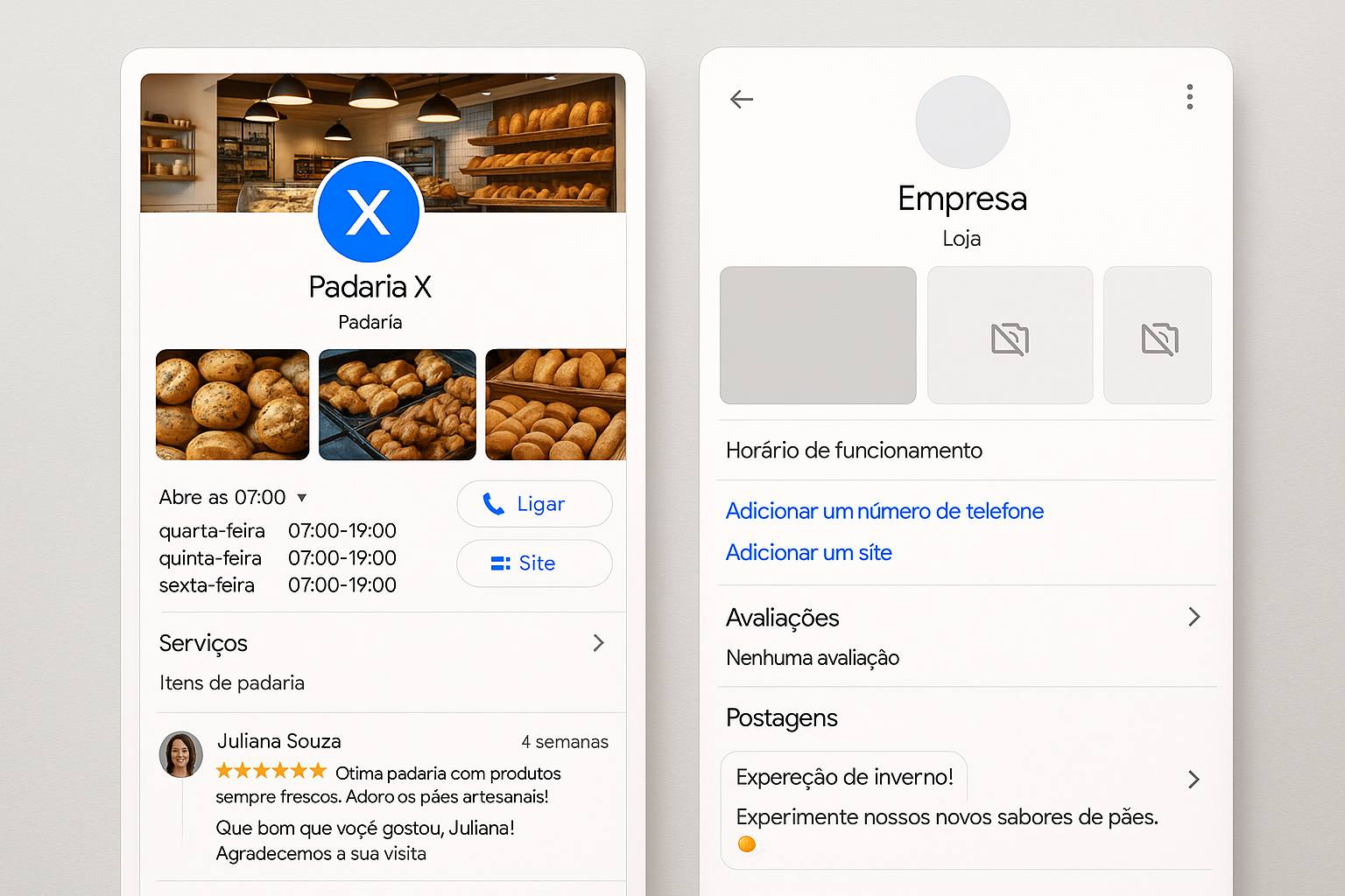 Dois perfis do Google exibidos em smartphones, um completo e outro incompleto
