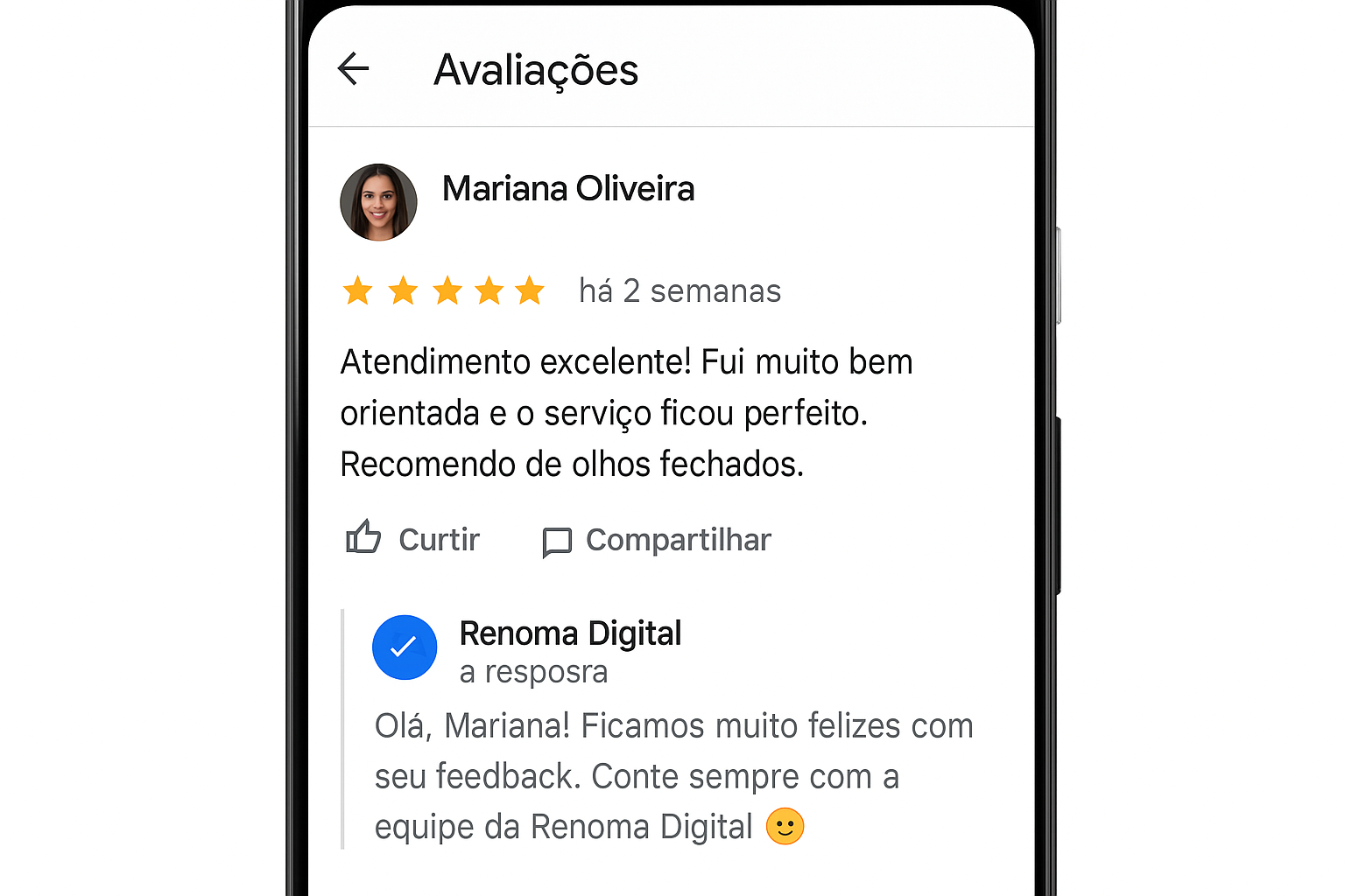 Avaliação de cliente com cinco estrelas e resposta da empresa no Google