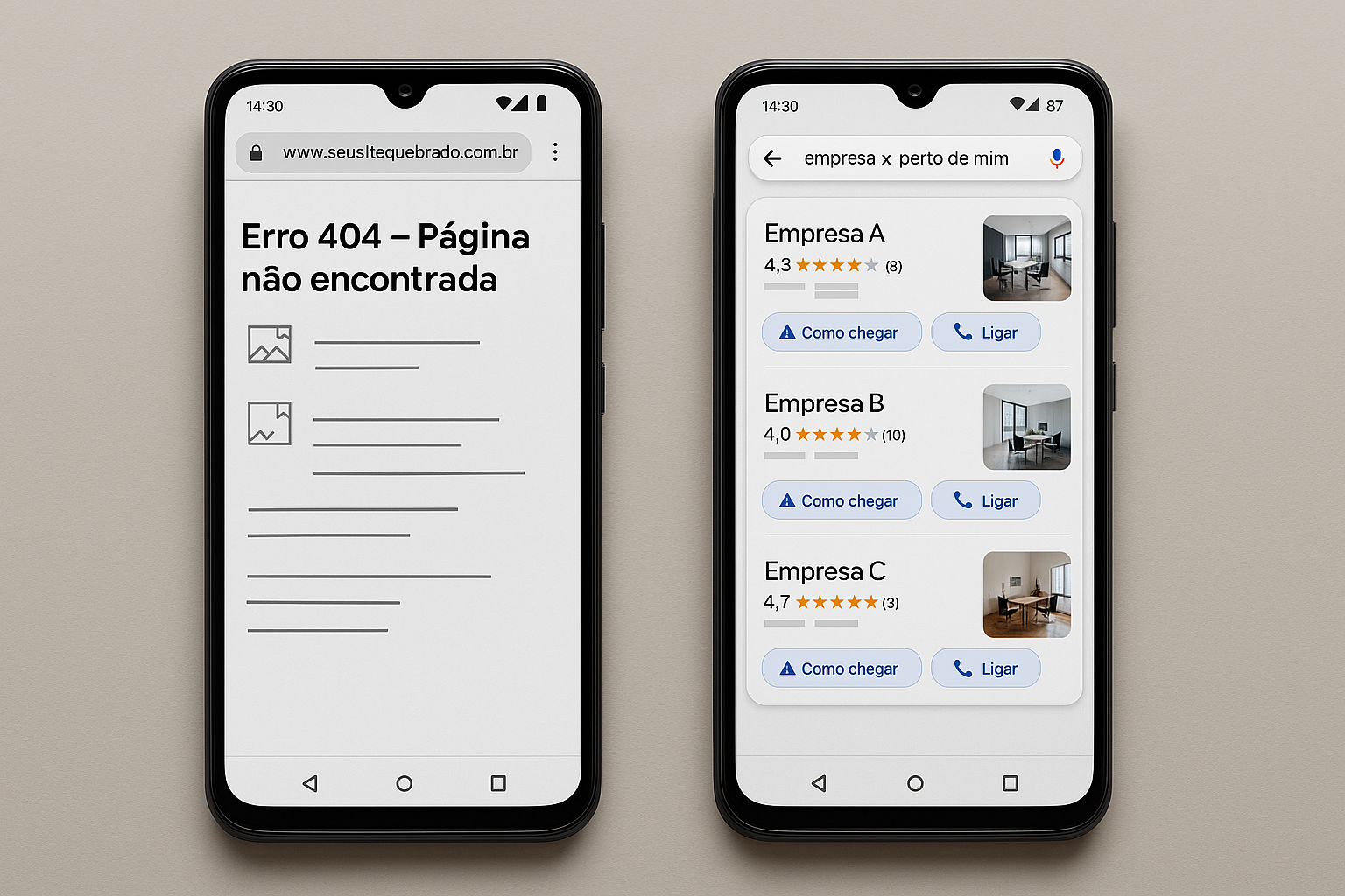 Comparação entre um site com erro 404 e outro bem estruturado com SEO local