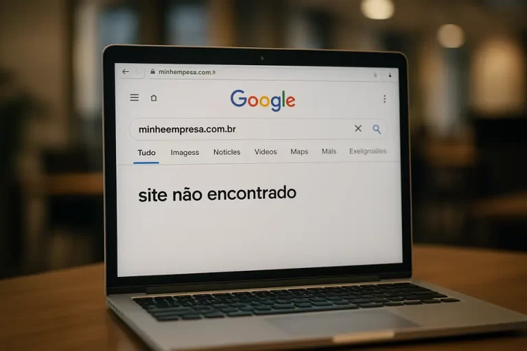 Tela de notebook exibindo busca no Google pelo domínio "minhaempresa.com.br", com a mensagem "site não encontrado" em destaque, representando uma empresa que não aparece no Google