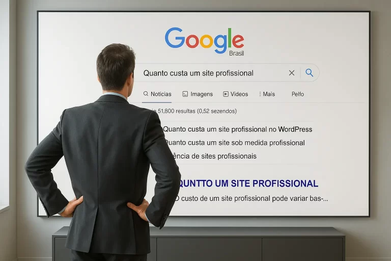 Empreendedor de costas com as mãos na cintura, analisando tela gigante com pesquisa no Google “Quanto custa um site profissional” e sugestões de busca em português