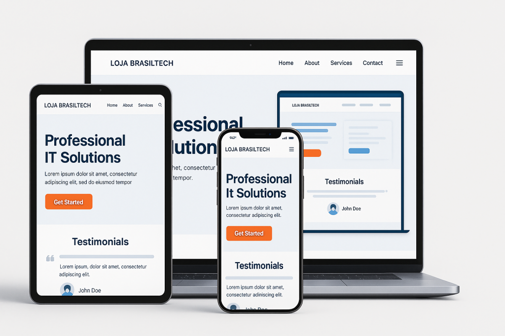 site profissional para gerar vendas responsivo exibido em notebook, tablet e celular com layout da Loja BrasilTech