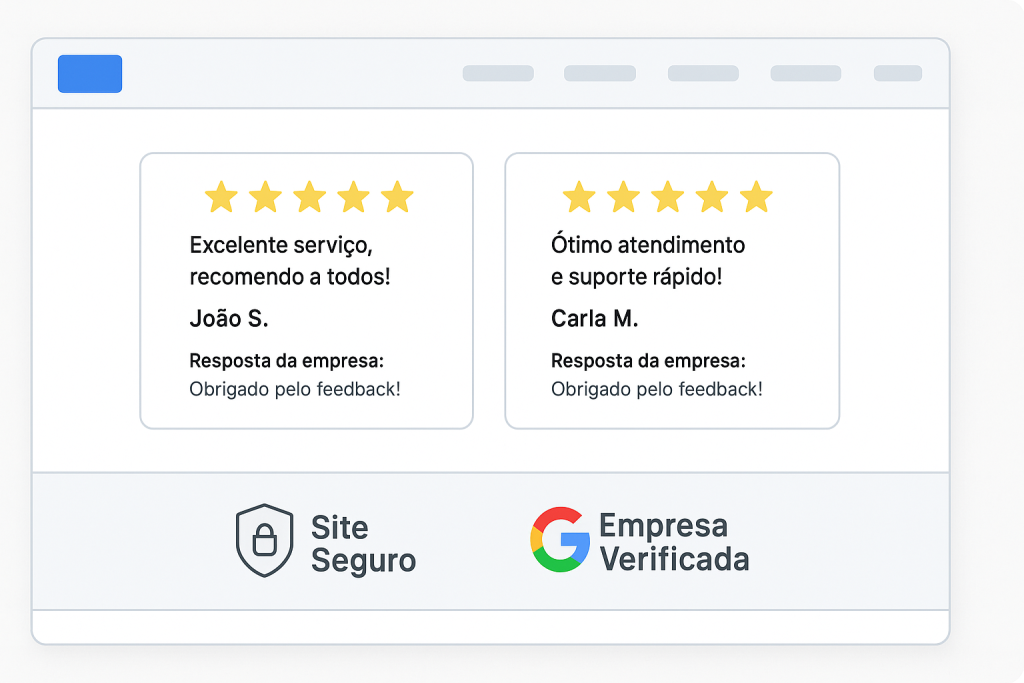 rodapé de site profissional para gerar vendas com depoimentos, respostas da empresa e selos de confiança