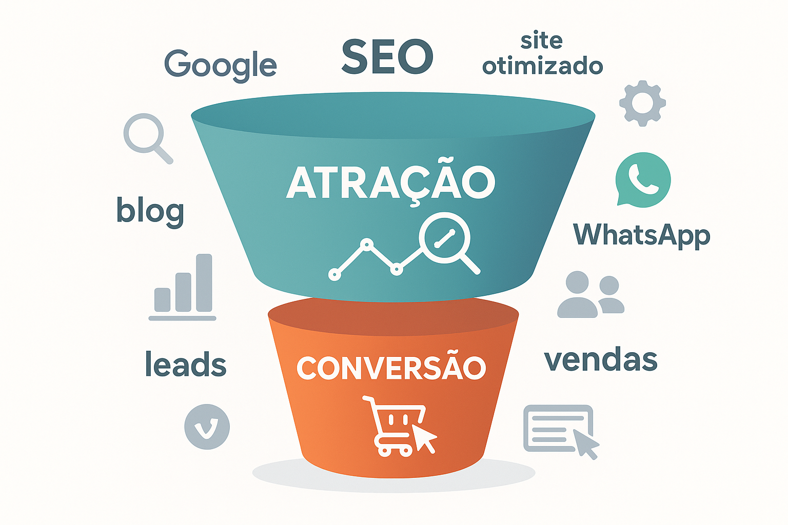 Representação do funil de conteúdo com foco em atração, consideração e conversão.