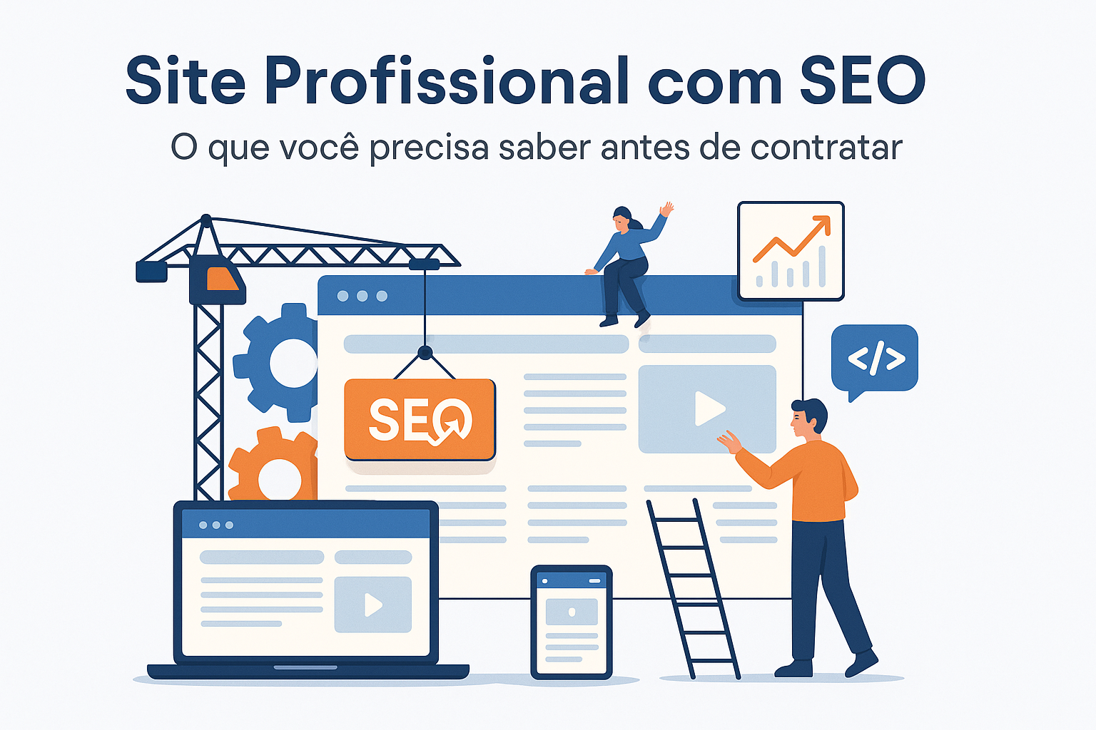 Ilustração flat de um site sendo desenvolvido com elementos de SEO, responsividade e botão de chamada para ação.