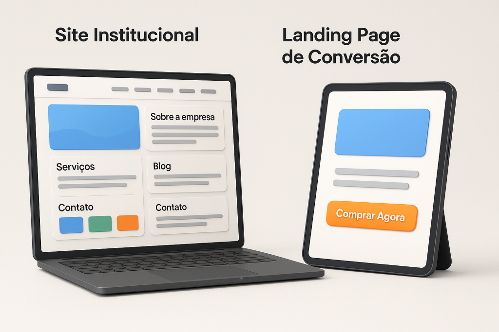 Ilustração em 3D mostrando lado a lado um site institucional com seções nomeadas e uma landing page com botão de chamada para ação