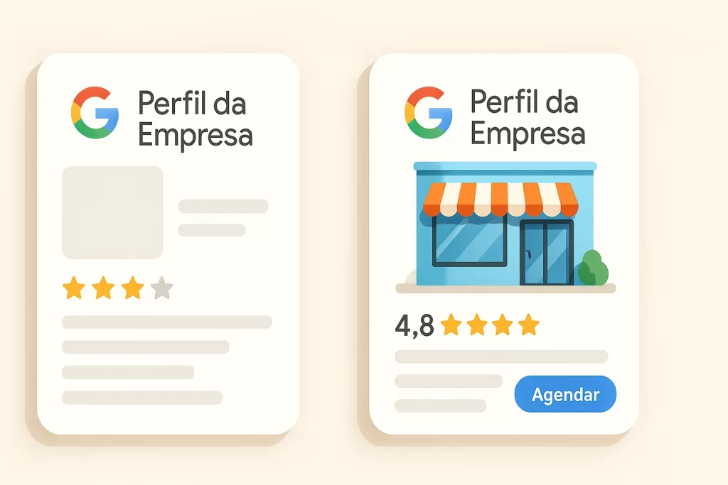 Comparação entre ficha do Google desatualizada e otimizada