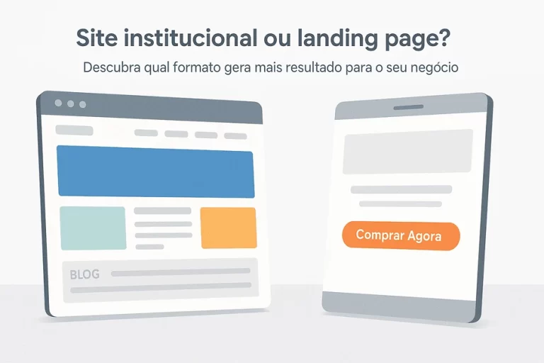 Criação de Sites Profissionais que Convertem | Renoma Digital - Renoma Digital Comparação visual entre site institucional e landing page com botão “Comprar Agora”