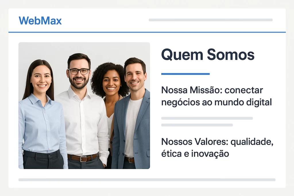 página sobre de site profissional para gerar vendas com foto da equipe e textos institucionais em português