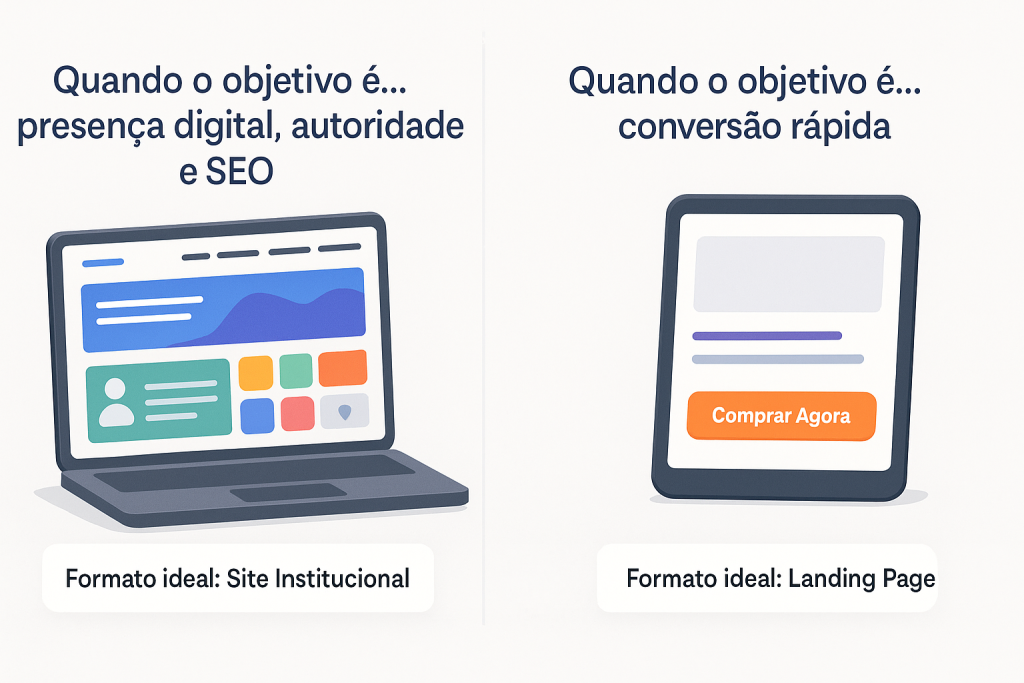 Ilustração comparativa entre um site institucional com várias seções e uma landing page simples com botão de compra