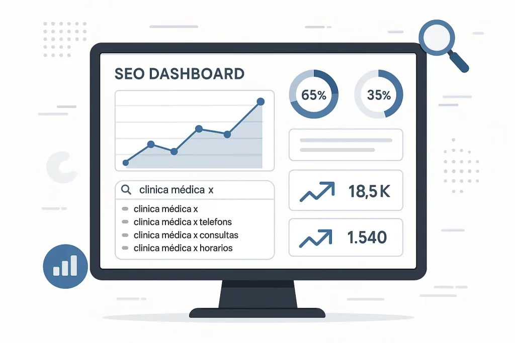 Ilustração realista de tela de computador com dashboard de SEO aberto, mostrando gráficos de desempenho, palavras-chave relacionadas à Clínica Médica X e indicadores de tráfego, em ambiente digital moderno.