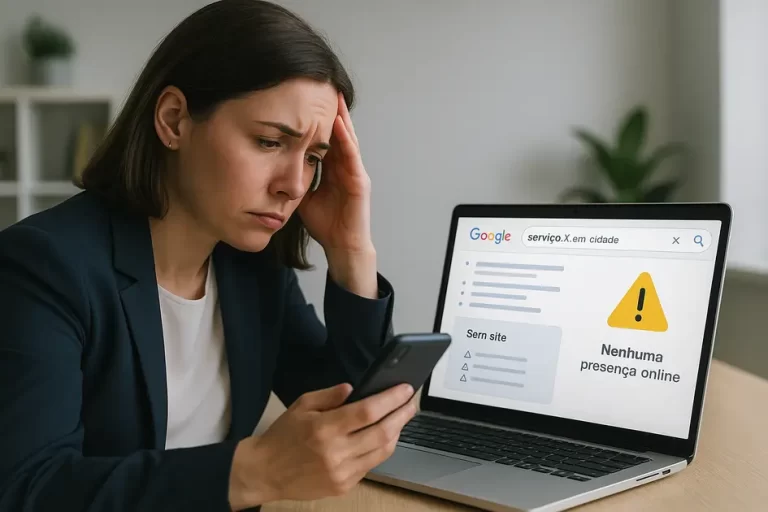 Empresária preocupada analisando que sua empresa precisa de um site profissional