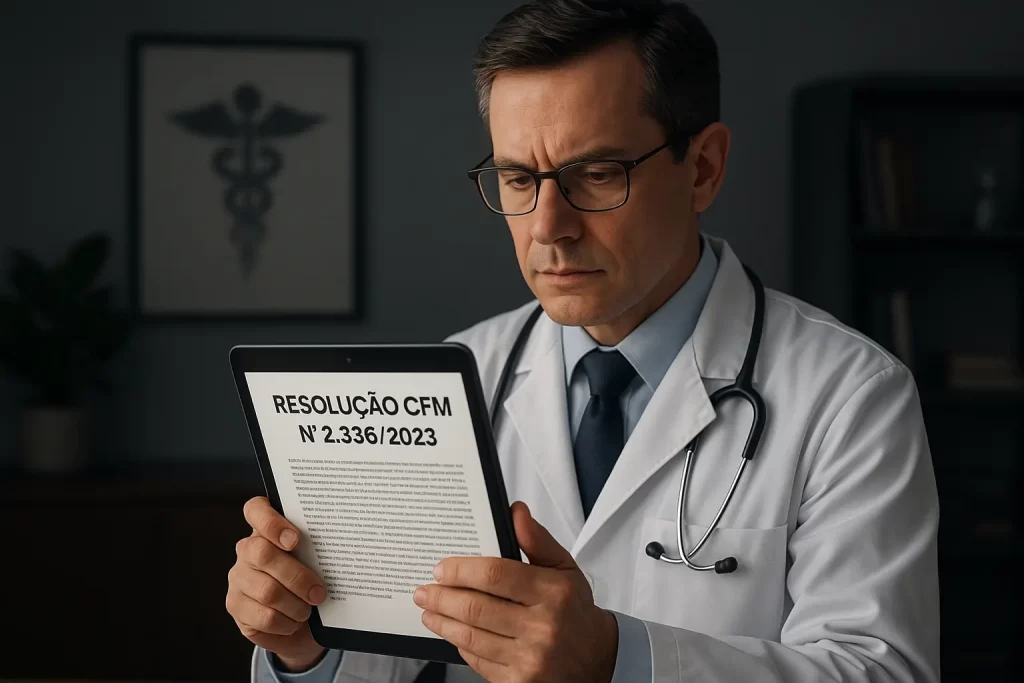 Ilustração realista de médico lendo a Resolução CFM nº 2.336/2023 no tablet, em ambiente moderno e sóbrio, simbolizando ética médica e conformidade legal para sites médicos.