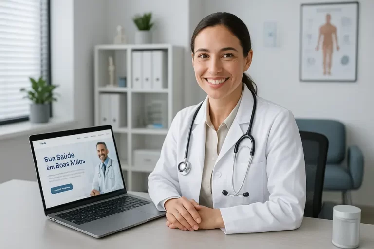 Médico mostrando site para médico responsivo no laptop em consultório moderno