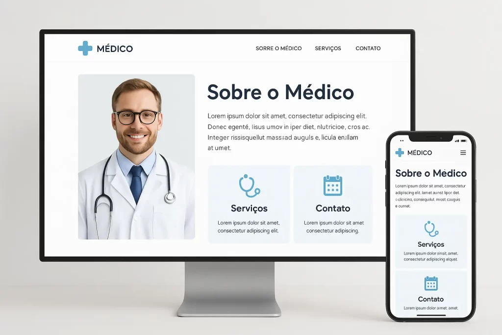 Imagem de computador e smartphone mostrando um site médico responsivo com design limpo, seções “Sobre o Médico”, “Serviços” e “Contato”, transmitindo profissionalismo e facilidade de navegação.