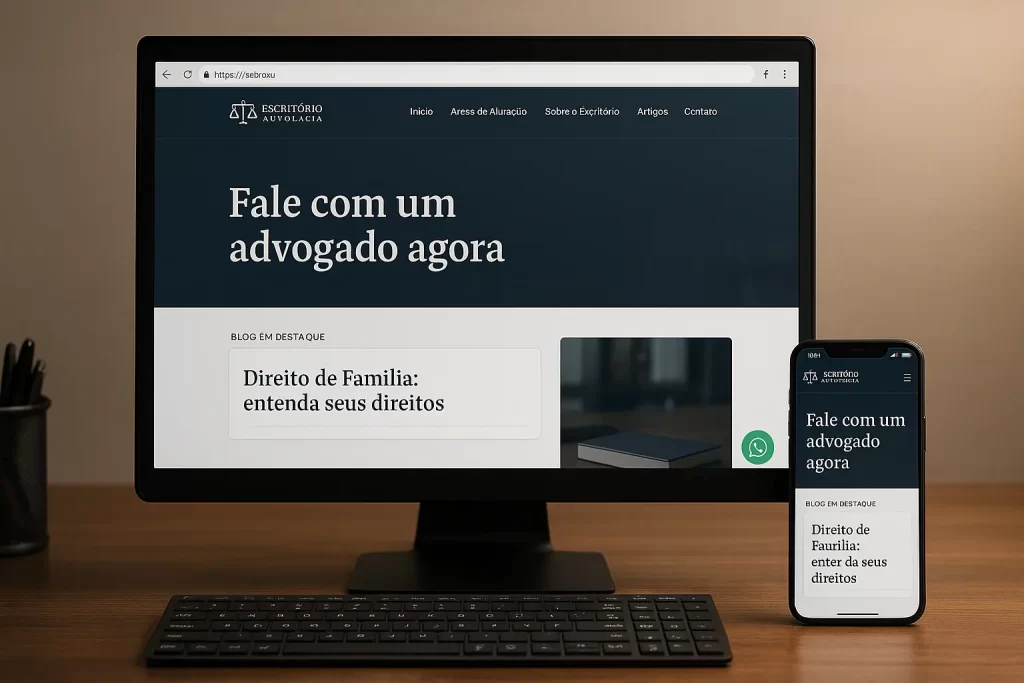 Site jurídico moderno exibido em computador e smartphone com elementos essenciais como SEO e segurança