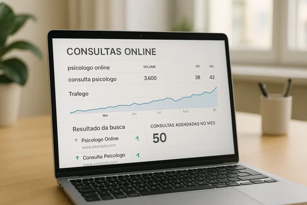 Gráfico de consultas online e métricas de SEO para psicólogo online, mostrando 50 consultas agendadas no mês, palavras-chave 'psicólogo online' e 'consulta psicólogo'