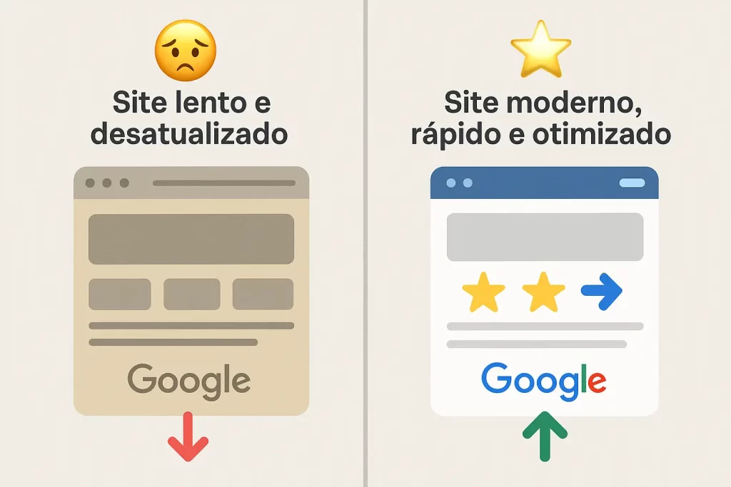 comparação entre site não otimizado e site profissional com foco em SEO