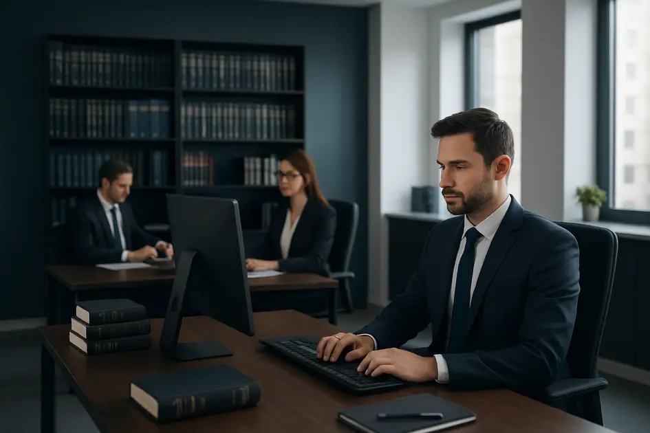 Escritório moderno de advocacia com advogados trabalhando, representando um site para advogados profissional e moderno em 2025.