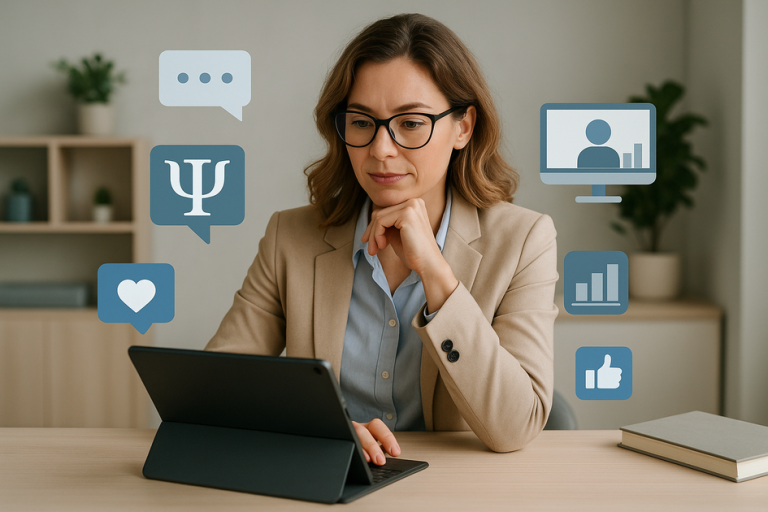 Psicólogo planejando sua presença online em computador, representando estratégias para criar site para psicólogo moderno e profissional