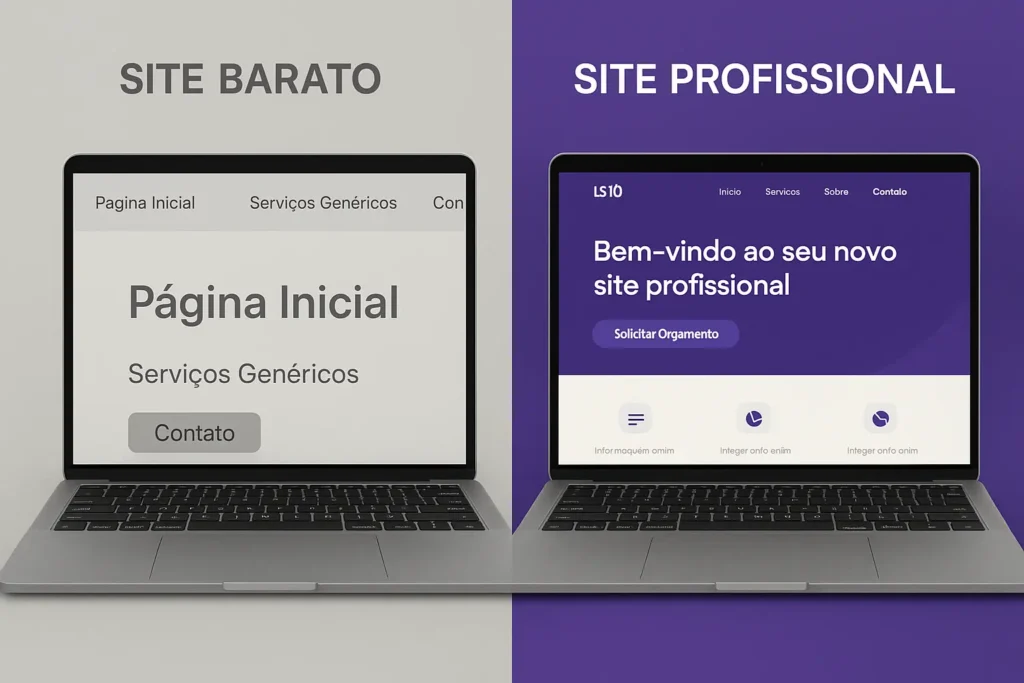 Site barato vs Site profissional: qual realmente vale a pena para sua empresa? - Renoma Digital Comparativo realista entre Site barato vs Site profissional, mostrando layouts lado a lado em português, com diferenças de design, SEO e credibilidade.
