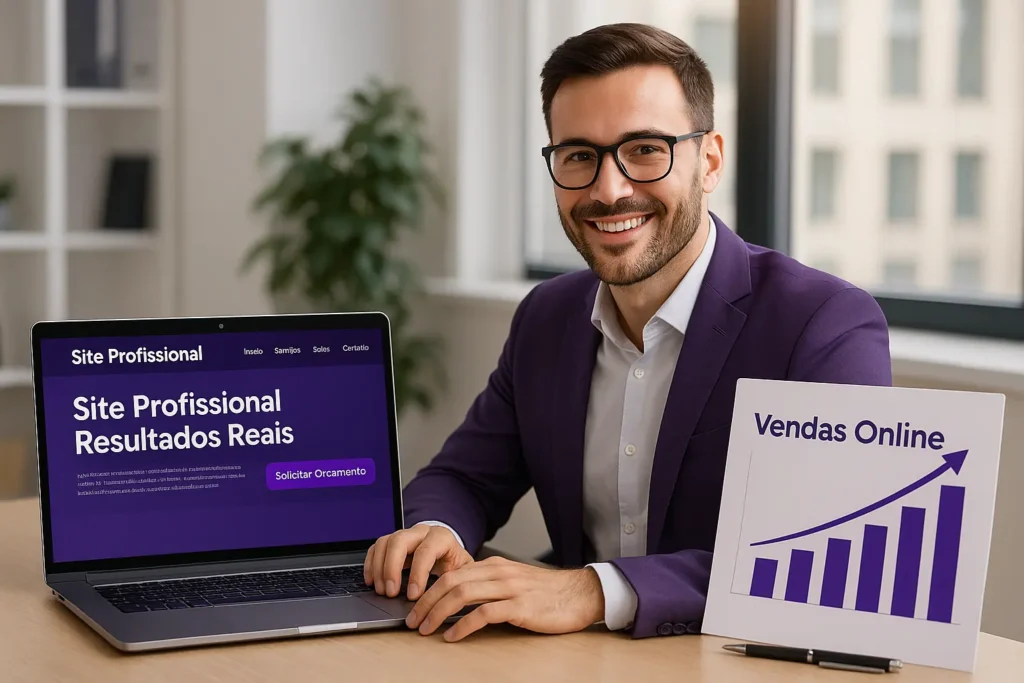 Site barato vs Site profissional: qual realmente vale a pena para sua empresa? - Renoma Digital Empresário satisfeito usando notebook com site profissional, mostrando botão “Solicitar Orçamento” e gráfico de crescimento em vendas online.