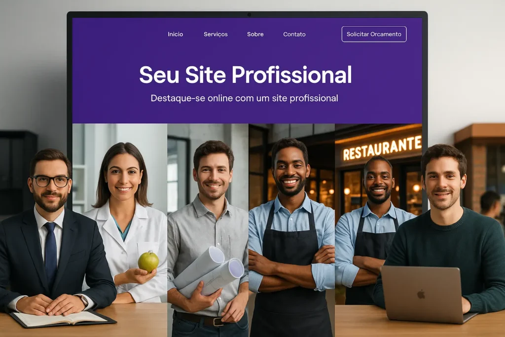 Site barato vs Site profissional: qual realmente vale a pena para sua empresa? - Renoma Digital Profissionais de diferentes nichos usando site profissional, incluindo advogado, nutricionista, arquiteto, restaurante e startup.