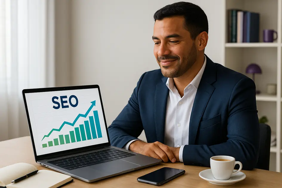 O que é SEO e por que sua empresa precisa dele em 2025 - Renoma Digital Empresário analisando resultados de marketing digital no notebook e aprendendo o que é SEO em 2025.