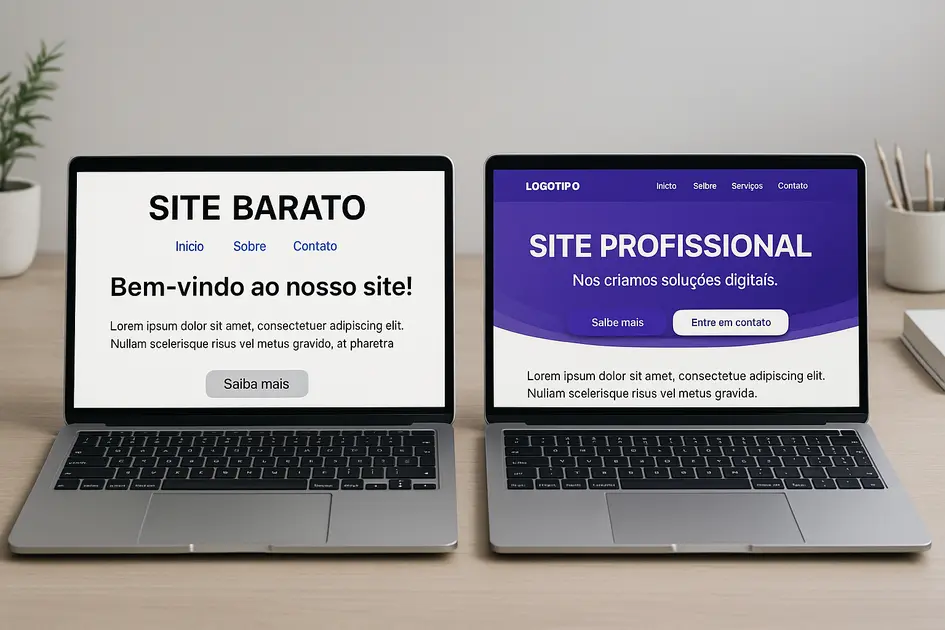 Site barato vs Site profissional: qual realmente vale a pena para sua empresa? - Renoma Digital Mockup mostrando a diferença entre Site barato vs Site profissional, versão responsiva em WordPress com seções Início, Serviços, Sobre e Contato.