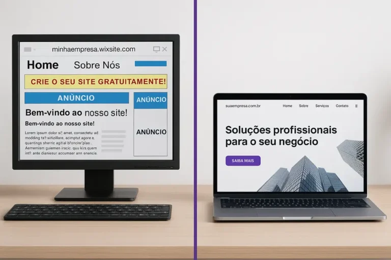 Comparação realista mostrando como criar um site grátis pode parecer simples, mas sai caro para empresas, em contraste com um site profissional