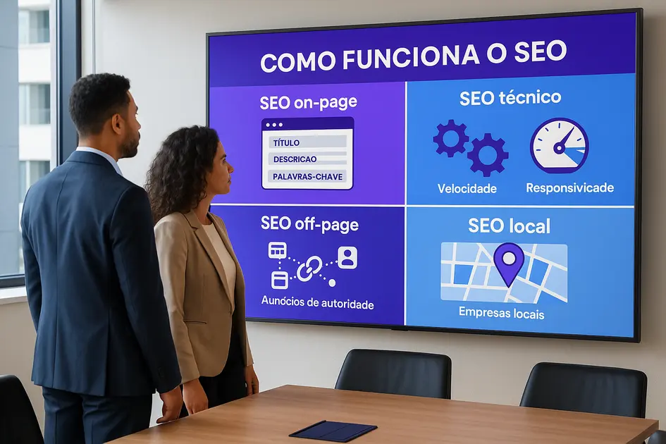 O que é SEO e por que sua empresa precisa dele em 2025 - Renoma Digital Infográfico realista mostrando como funciona o SEO: on-page, técnico, off-page e local em português.