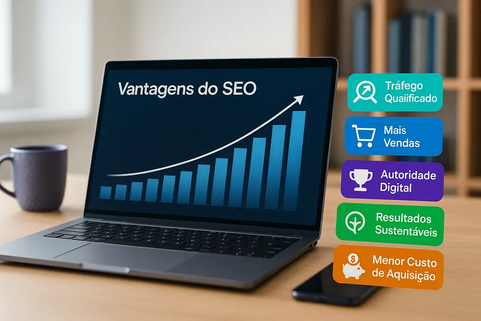 O que é SEO e por que sua empresa precisa dele em 2025 - Renoma Digital Infográfico realista mostrando as vantagens do SEO para empresas em 2025: tráfego qualificado, mais vendas, autoridade digital, resultados sustentáveis e menor custo de aquisição.