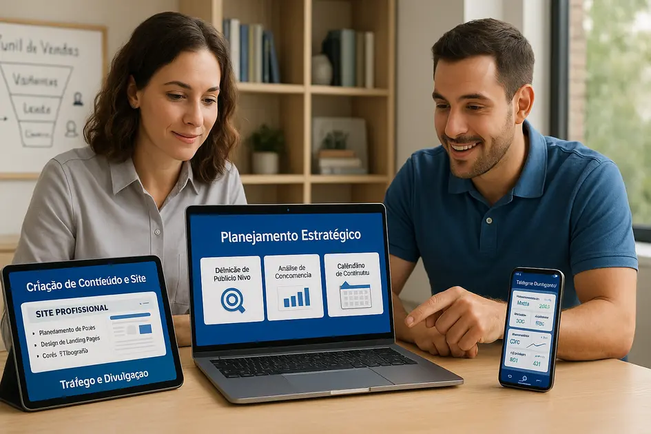 Marketing Digital para Pequenas Empresas: Guia Completo para Começar do Zero em 2025 - Renoma Digital Dois empreendedores analisando notebook e tablet com etapas de marketing digital visíveis, representando o planejamento, criação de conteúdo, tráfego e conversão para pequenas empresas em 2025.