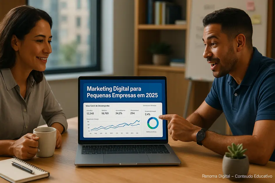 Marketing Digital para Pequenas Empresas: Guia Completo para Começar do Zero em 2025 - Renoma Digital Dois empreendedores brasileiros analisando um painel de marketing digital em um notebook, com o título "Marketing Digital para Pequenas Empresas em 2025" visível na tela, em um escritório moderno e iluminado.