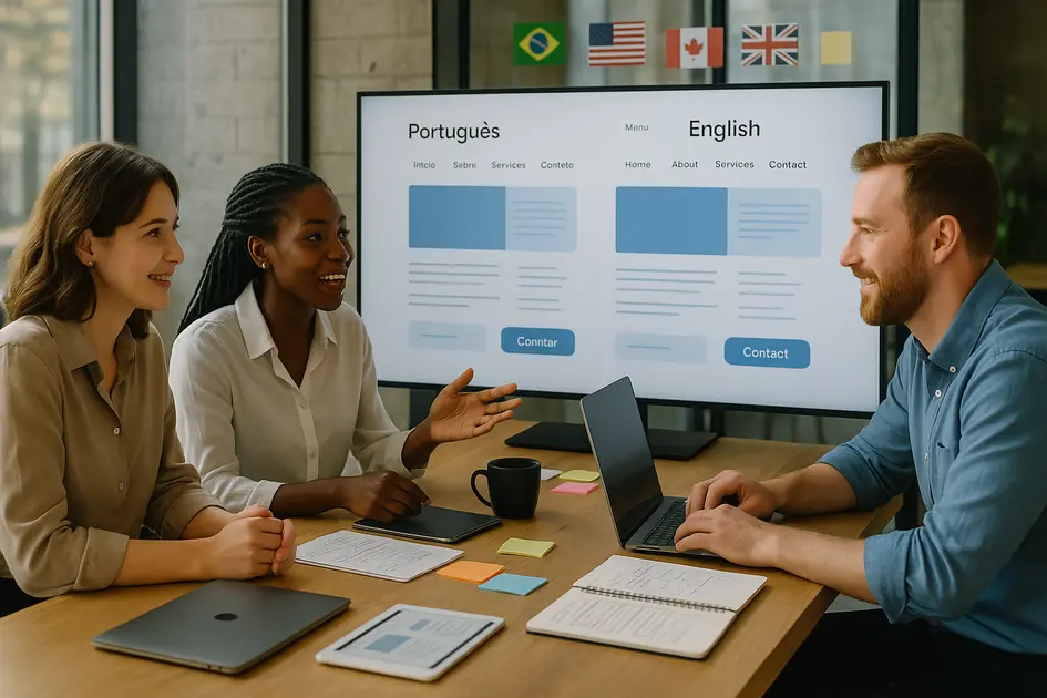 Como Criar um Site Profissional Morando no Exterior: Guia Completo para Brasileiros - Renoma Digital Equipe internacional de designers criando um site profissional no exterior com layout bilíngue em português e inglês, simbolizando adaptação cultural e SEO internacional.