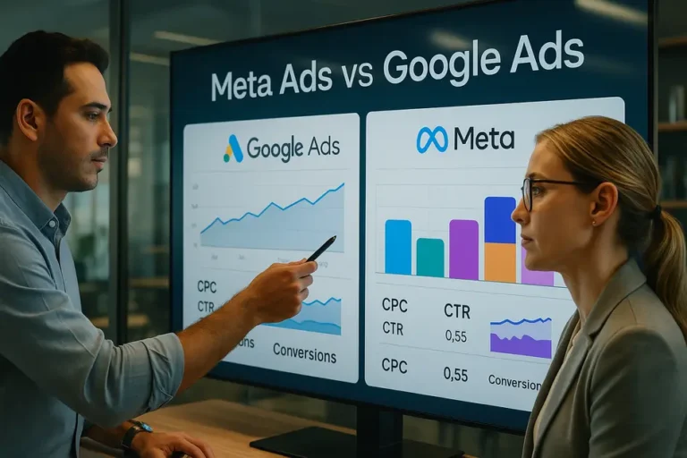 Profissionais de marketing analisando dados de campanhas em Meta Ads vs Google Ads em um escritório moderno, representando estratégia de tráfego pago e performance digital.