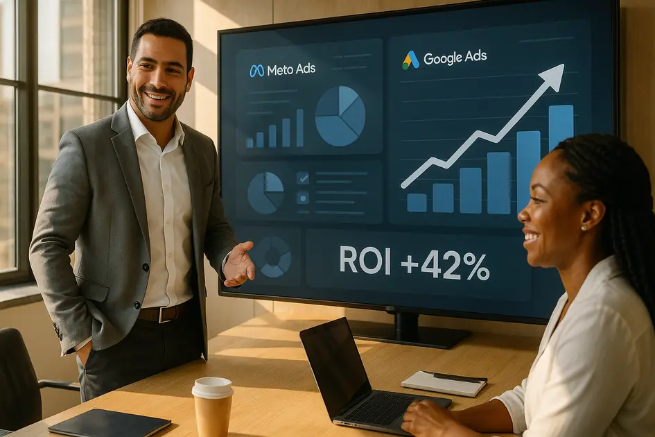 Meta Ads vs Google Ads: qual gera mais resultado para o seu negócio em 2025 - Renoma Digital Profissional apresentando resultados positivos de campanhas em Meta Ads e Google Ads em uma sala moderna, representando crescimento e performance em tráfego pago.