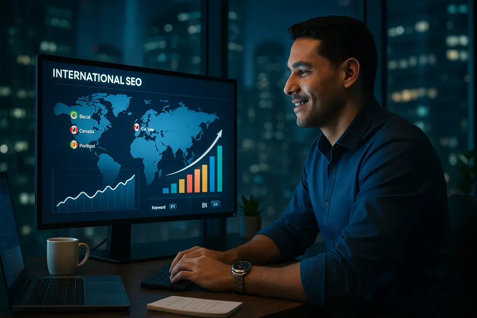 Como Criar um Site Profissional Morando no Exterior: Guia Completo para Brasileiros - Renoma Digital Profissional brasileiro analisando métricas de SEO internacional em um painel global, representando a estratégia de otimização de um site profissional no exterior para ampliar a visibilidade e o alcance mundial.