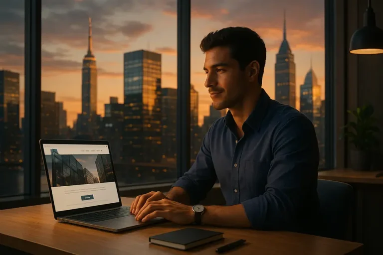 Site profissional no exterior sendo criado por um empreendedor brasileiro em um coworking moderno, representando sucesso digital global e presença online internacional.