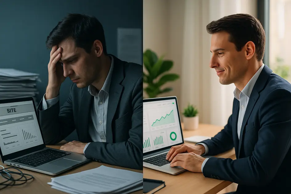 Site pronto ou site profissional: qual gera mais resultado? - Renoma Digital Case ilustrativo mostrando a diferença entre site pronto ou site profissional, com dois empresários em situações opostas de desempenho digital.