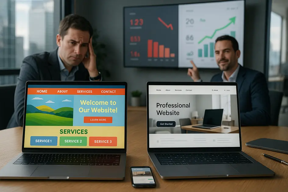 Site pronto ou site profissional: qual gera mais resultado? - Renoma Digital Comparativo realista entre site pronto ou site profissional, mostrando lado a lado dois notebooks com resultados diferentes em SEO, design e conversão.