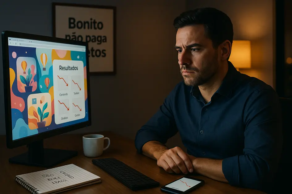 Criar site com IA: vale a pena ou é melhor contratar um profissional? - Renoma Digital Profissional de marketing digital analisa um site visualmente bonito, mas com gráficos de desempenho negativos em tela, representando a frase “Bonito não paga boletos” e o contraste entre aparência e resultado no tema criar site com IA.