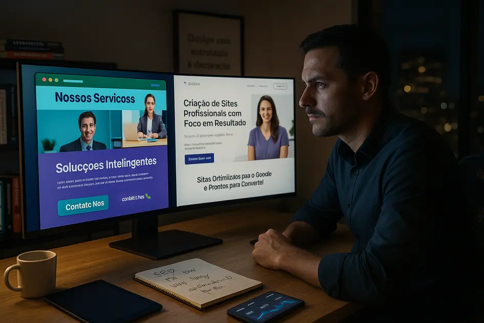 Criar site com IA: vale a pena ou é melhor contratar um profissional? - Renoma Digital Profissional de marketing digital analisando dois sites lado a lado em um monitor ultrawide — à esquerda, um site criado por IA com erros de texto e layout confuso; à direita, um site profissional limpo e confiável, representando a diferença entre aparência e credibilidade no tema criar site com IA.