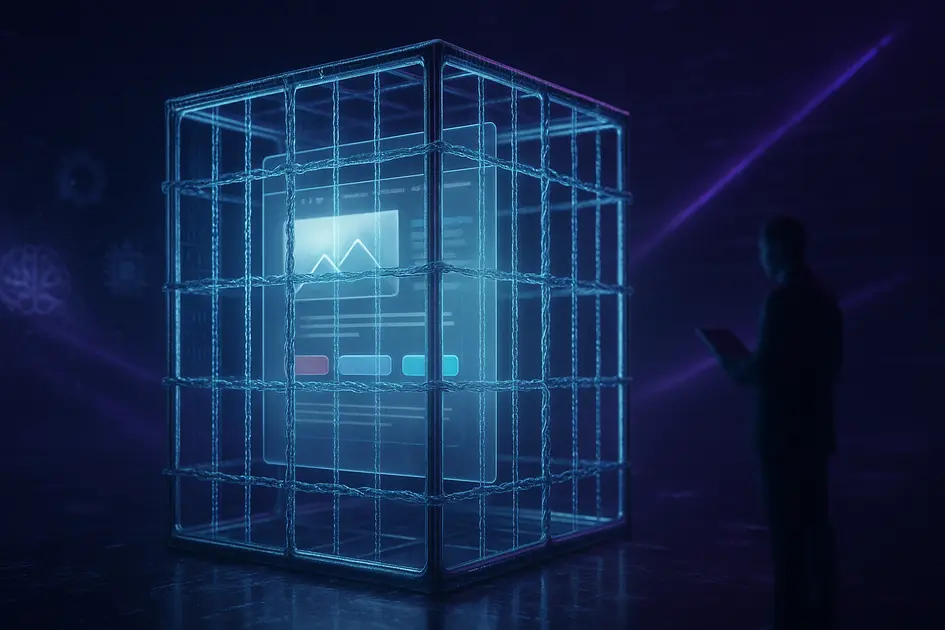 Criar site com IA: vale a pena ou é melhor contratar um profissional? - Renoma Digital Representação cinematográfica de um site preso dentro de uma estrutura digital metálica, simbolizando o lock-in tecnológico das plataformas de IA, tema central de criar site com IA.
