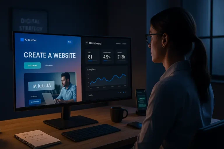 Profissional de marketing digital analisando comparação entre site criado por IA e site profissional com gráficos de desempenho em escritório moderno, representando o tema criar site com IA.