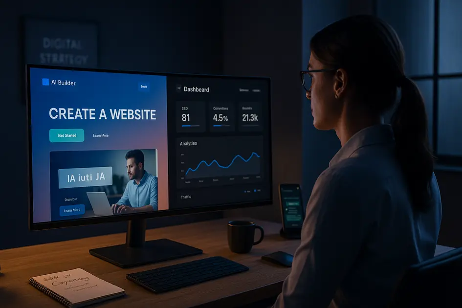 Profissional de marketing digital analisando comparação entre site criado por IA e site profissional com gráficos de desempenho em escritório moderno, representando o tema criar site com IA.